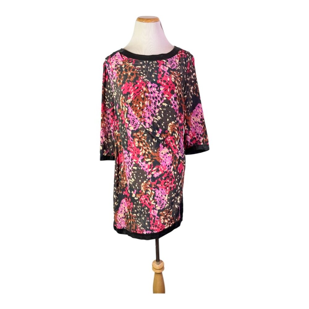 Thakoon Size XS? 3/4 Sleeve Shift Dress Spotted Print Silk Leather Trim